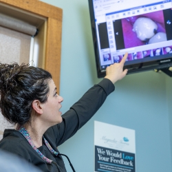 Dentist pointing to model of healthy smile