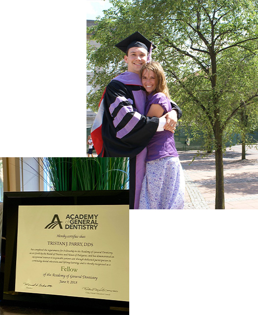 Doctor Parry hugging his wife at graduation diploma in frame lower left corner