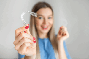 a smiling patient holding their Invisalign aligner