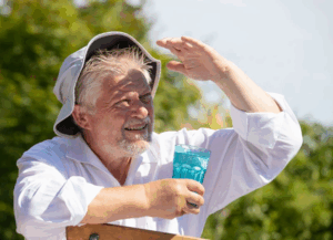 Man shielding his eyes in the sun and holding a glass of water