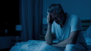 Man sitting up in bed, experiencing anxiety 